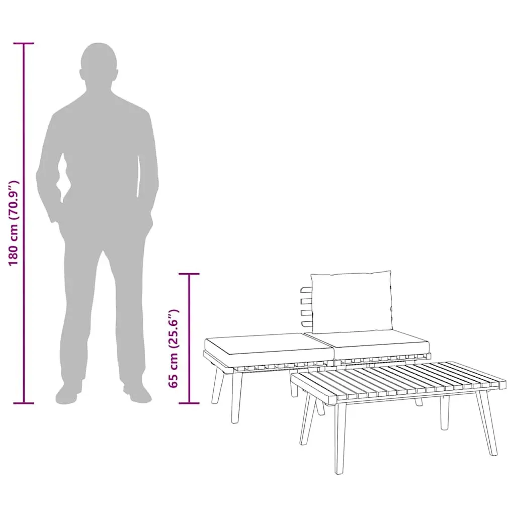 3 Piece Outdoor Lounge Set for Patio Garden Solid Wood with Grey Cushions