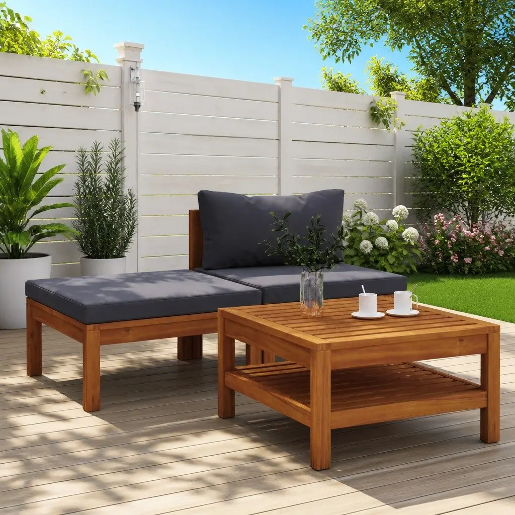 Outdoor Lounge Set Acacia Wood with Grey Cushions Coffee Table 3 Piece for Garden and Patio Relaxation