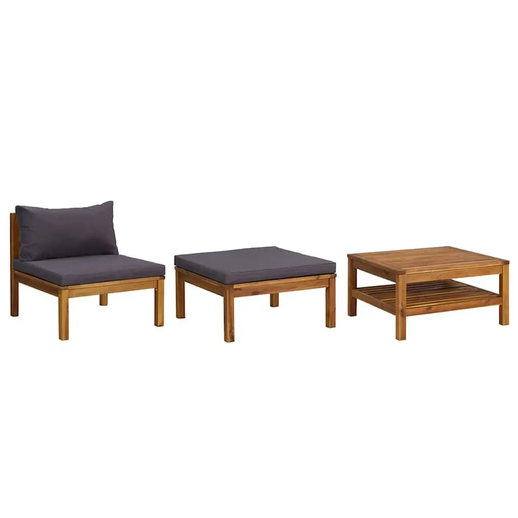 Outdoor Lounge Set Acacia Wood with Grey Cushions Coffee Table 3 Piece for Garden and Patio Relaxation