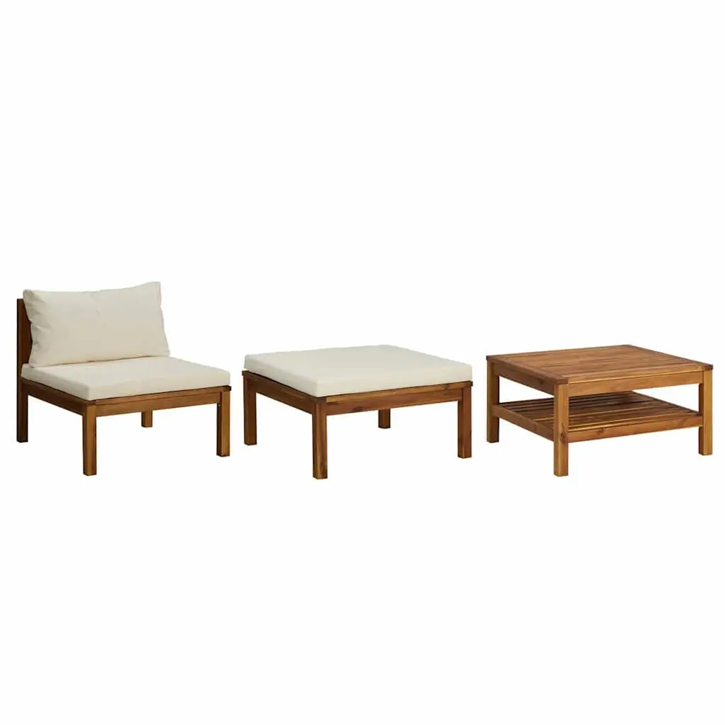 3 Piece Garden Lounge Set Outdoor Sofa Set Acacia Wood with Cream White Cushions