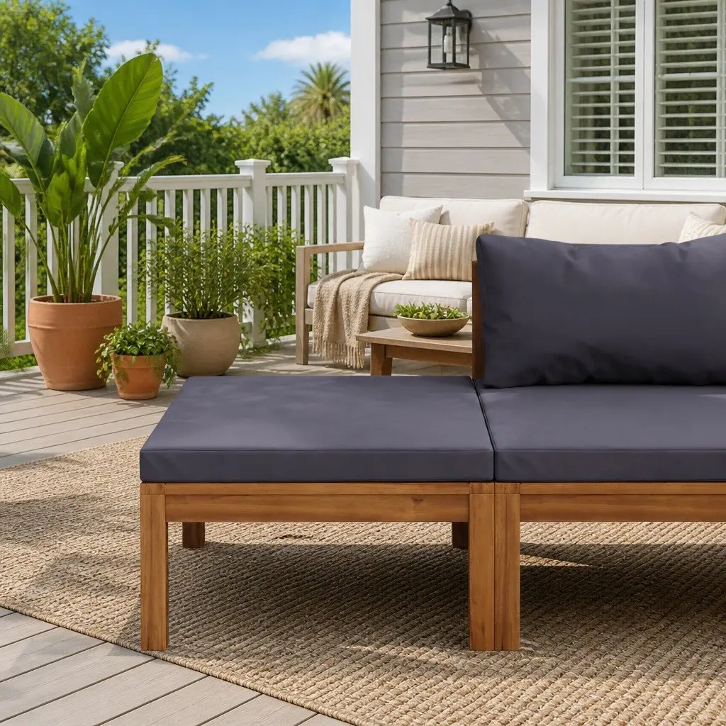 Outdoor Footrest for Garden Lounge with Grey Cushion Solid Acacia Wood