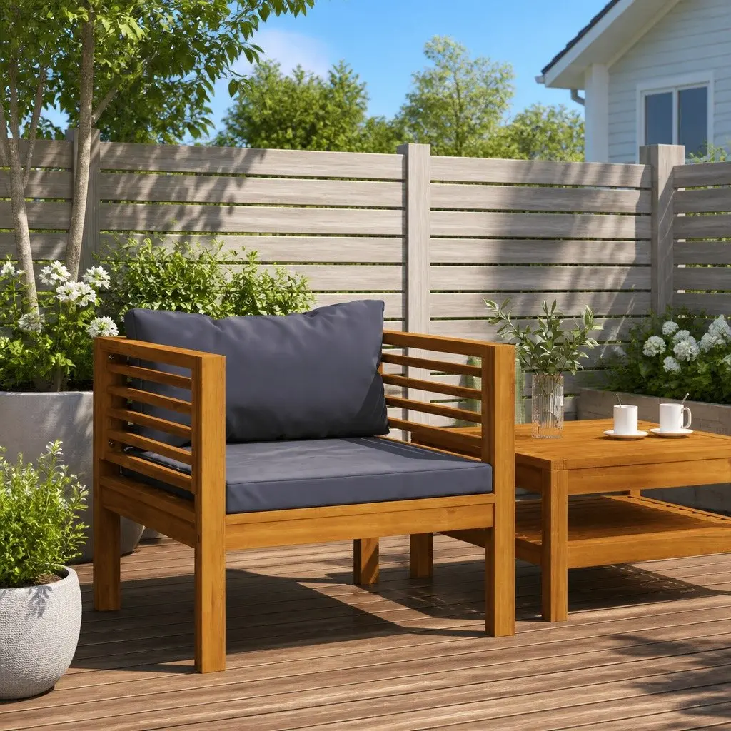 Garden Chair Outdoor Patio Seating Solid Acacia Wood with Dark Grey Cushions