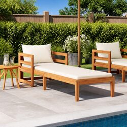 Outdoor Sun Lounger Solid Acacia Wood Garden Sunbed with Cream White Cushions