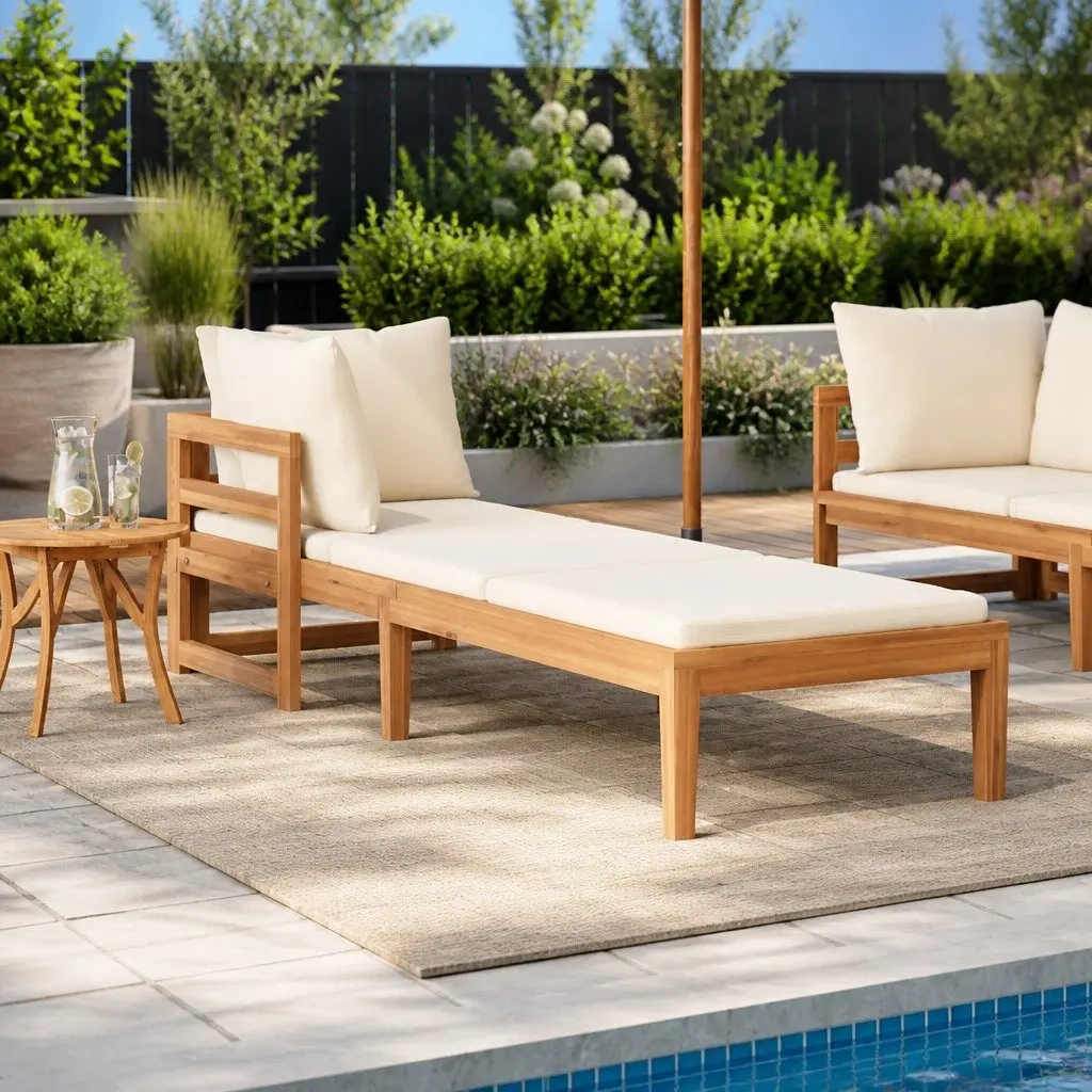 Wooden Sun Lounger Outdoor Garden Sunbed Adjustable Armrest Size