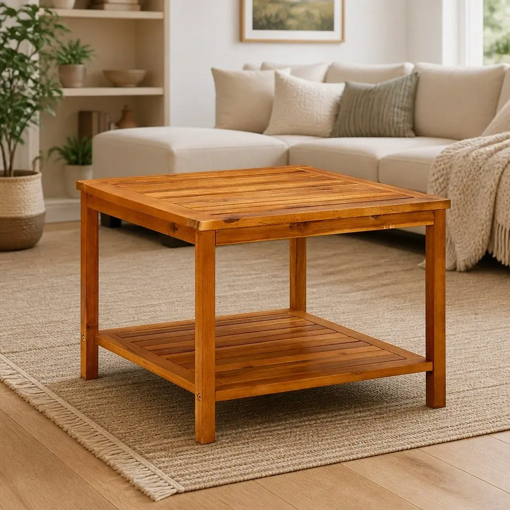 Coffee Table 60x60x45 cm Solid Acacia Wood Brown Slatted Tabletop Storage Shelf