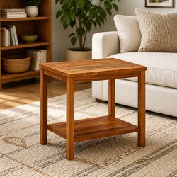 Coffee Table Solid Acacia Wood Brown Slatted Top Storage Shelf Accent Furniture