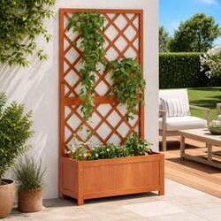 Garden Planter with Trellis Brown Wooden Flower Box Outdoor Climbing Plant