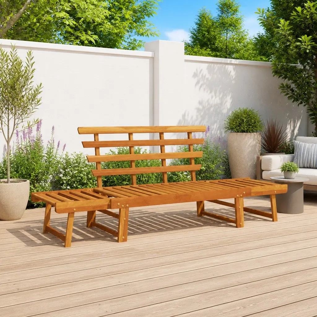 Garden Bench 2-in-1 190cm Convertible Sun Lounger Day Bed Acacia Wood Outdoor