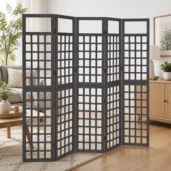 5-Panel Room Divider Folding Screen Solid Fir Wood Trellis Plant Support Black
