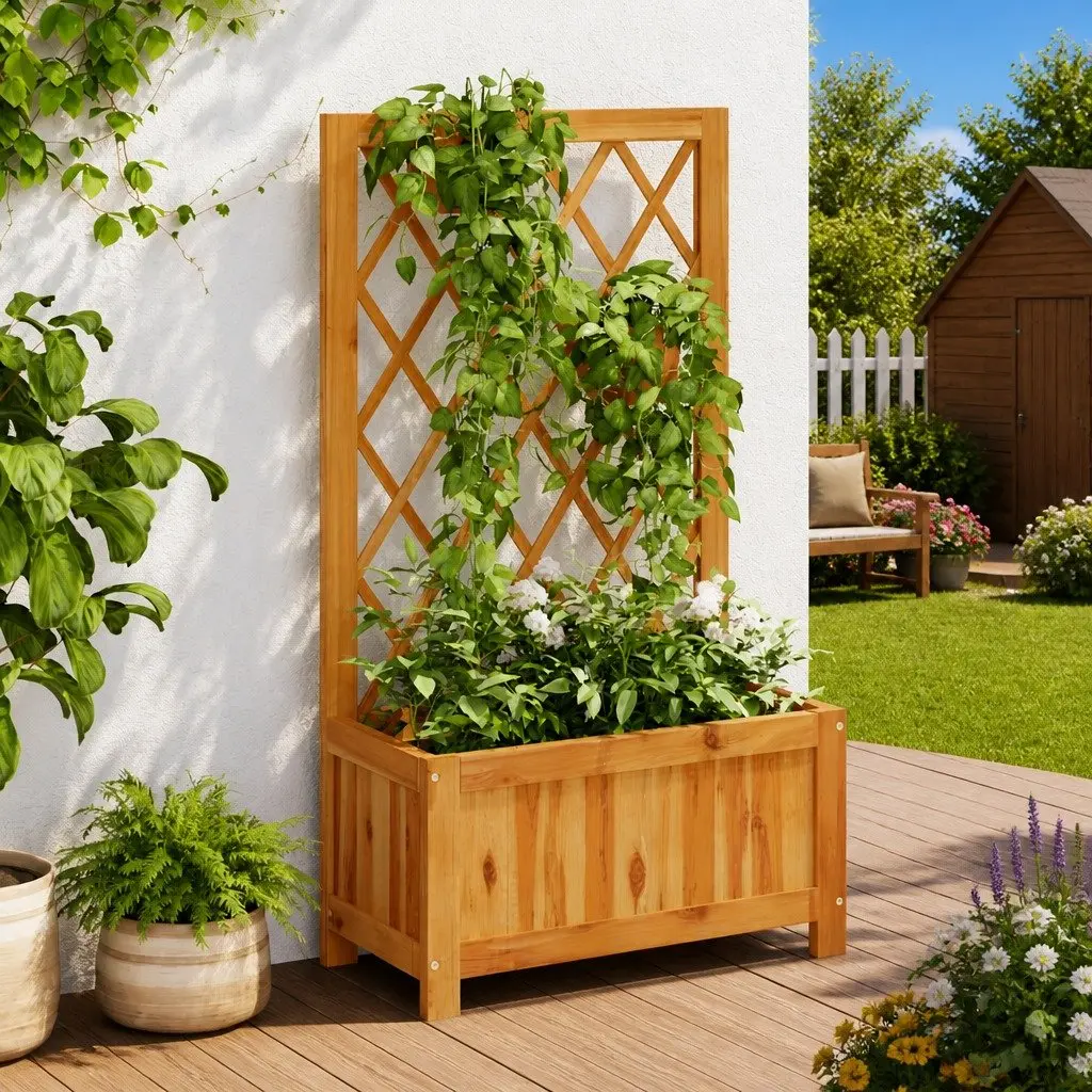 Garden Raised Bed with Trellis Outdoor Planter Box Solid Wood