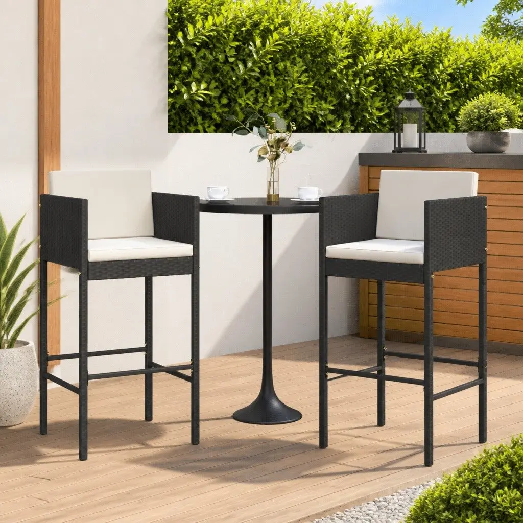 Outdoor Bar Stools 2 pc Set with Cushions Black Garden Patio Counter Seating