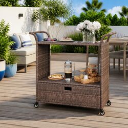 Bar Cart with Drawer Brown Poly Rattan Kitchen Dining Trolley Rolling Serving