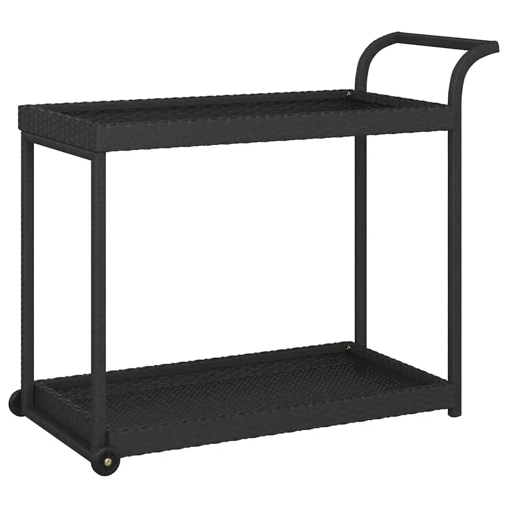 Bar Cart Black Poly Rattan Kitchen Trolley with Wheels Storage Service Serving
