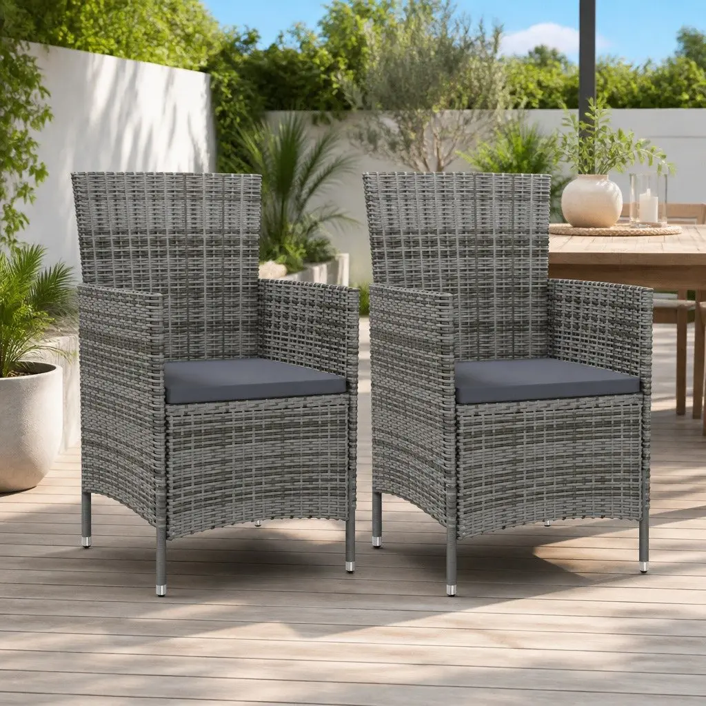 Outdoor Garden Chairs Set 2 Piece Grey PE Rattan Armchair with Padded Cushions