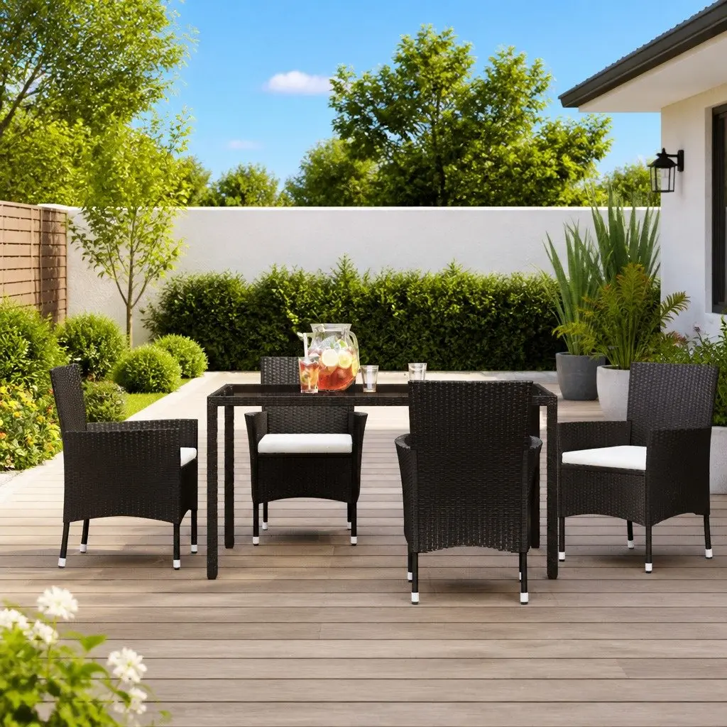 Outdoor Garden Chairs Set 4 Piece Black Poly Rattan Armchair Padded Cushion Seating