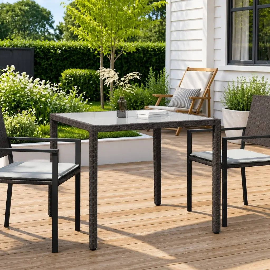 Garden Table 90x90x75cm Tempered Glass Top Poly Rattan Brown Outdoor Patio