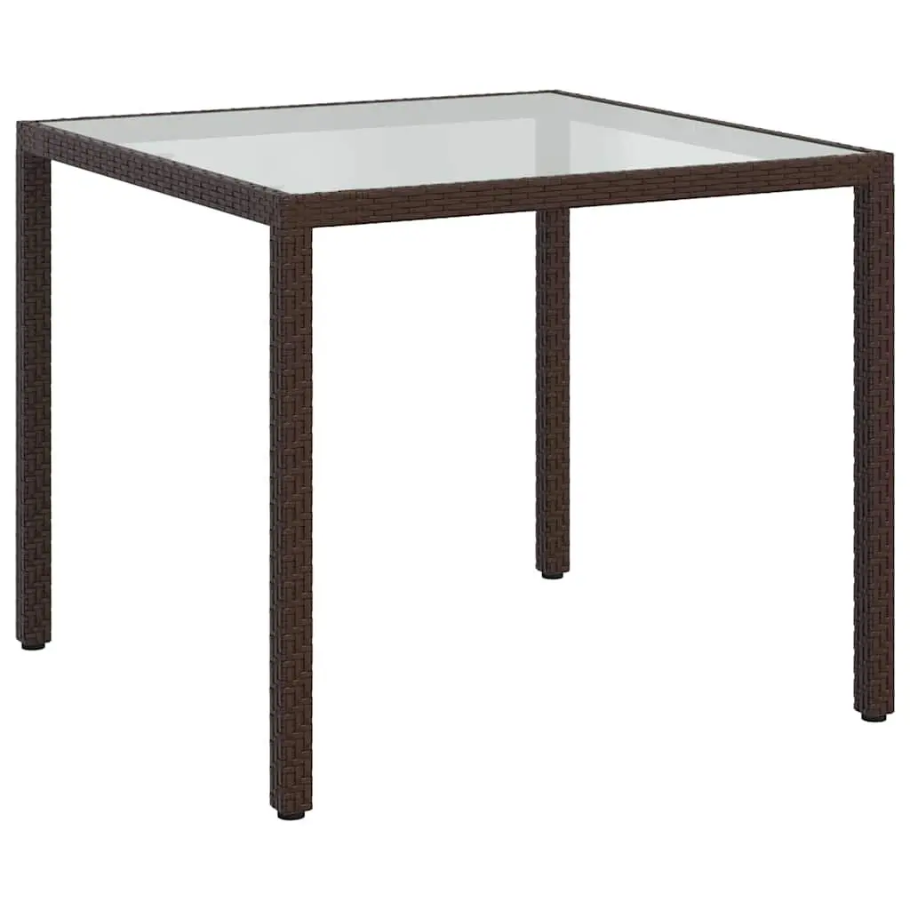 Garden Table 90x90x75cm Tempered Glass Top Poly Rattan Brown Outdoor Patio