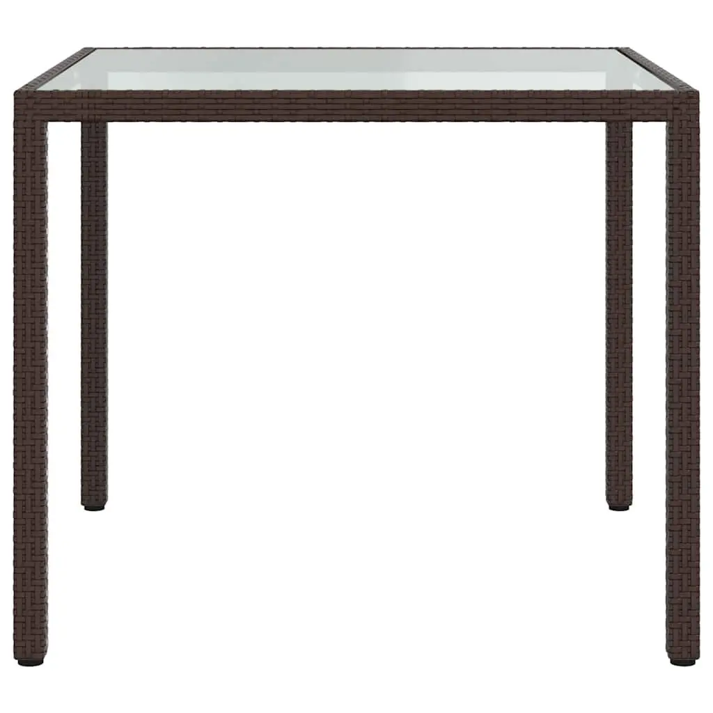 Garden Table 90x90x75cm Tempered Glass Top Poly Rattan Brown Outdoor Patio
