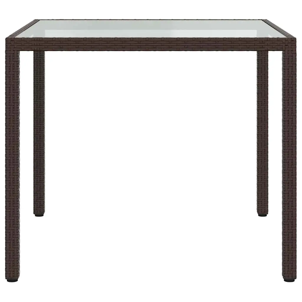 Garden Table 90x90x75cm Tempered Glass Top Poly Rattan Brown Outdoor Patio