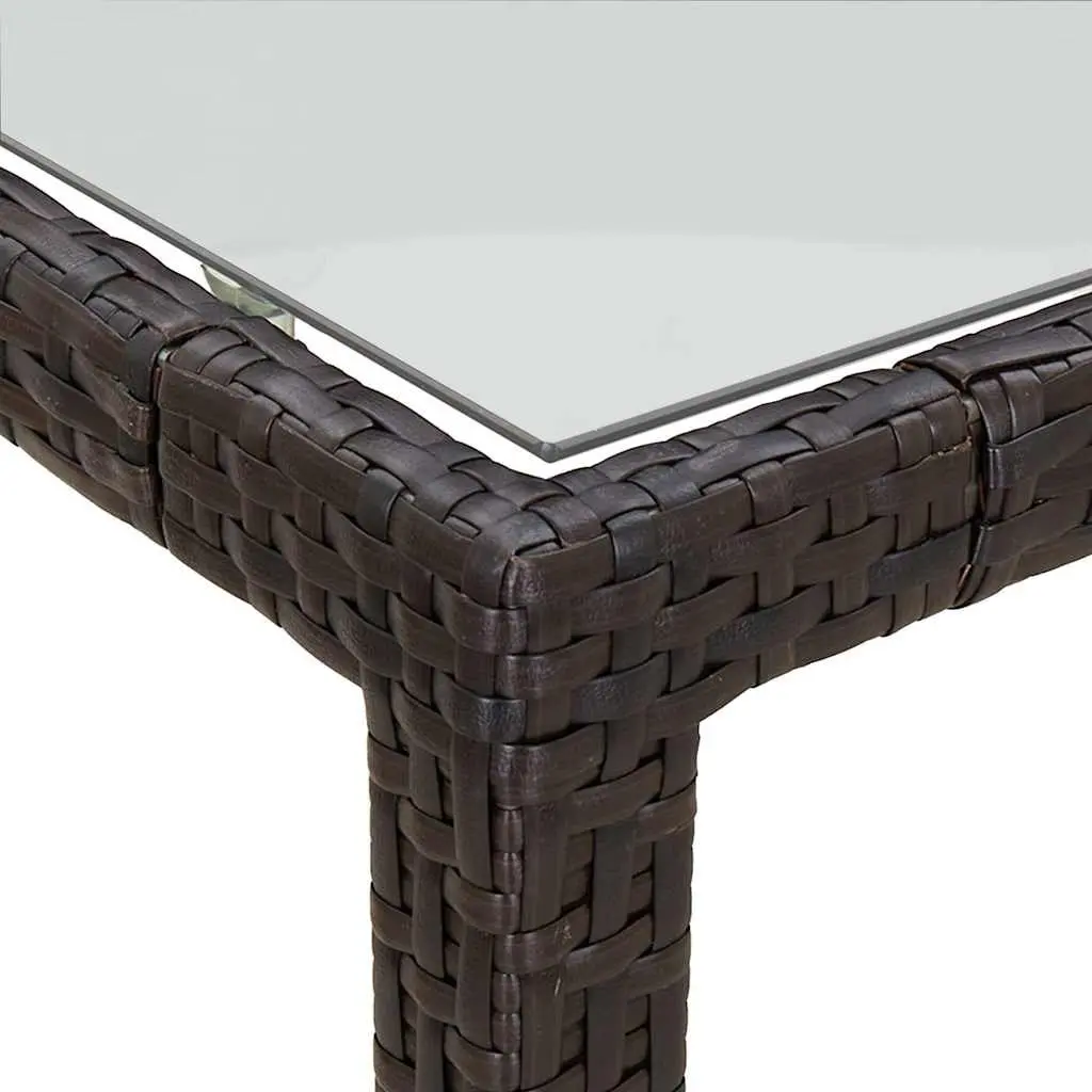 Garden Table 90x90x75cm Tempered Glass Top Poly Rattan Brown Outdoor Patio