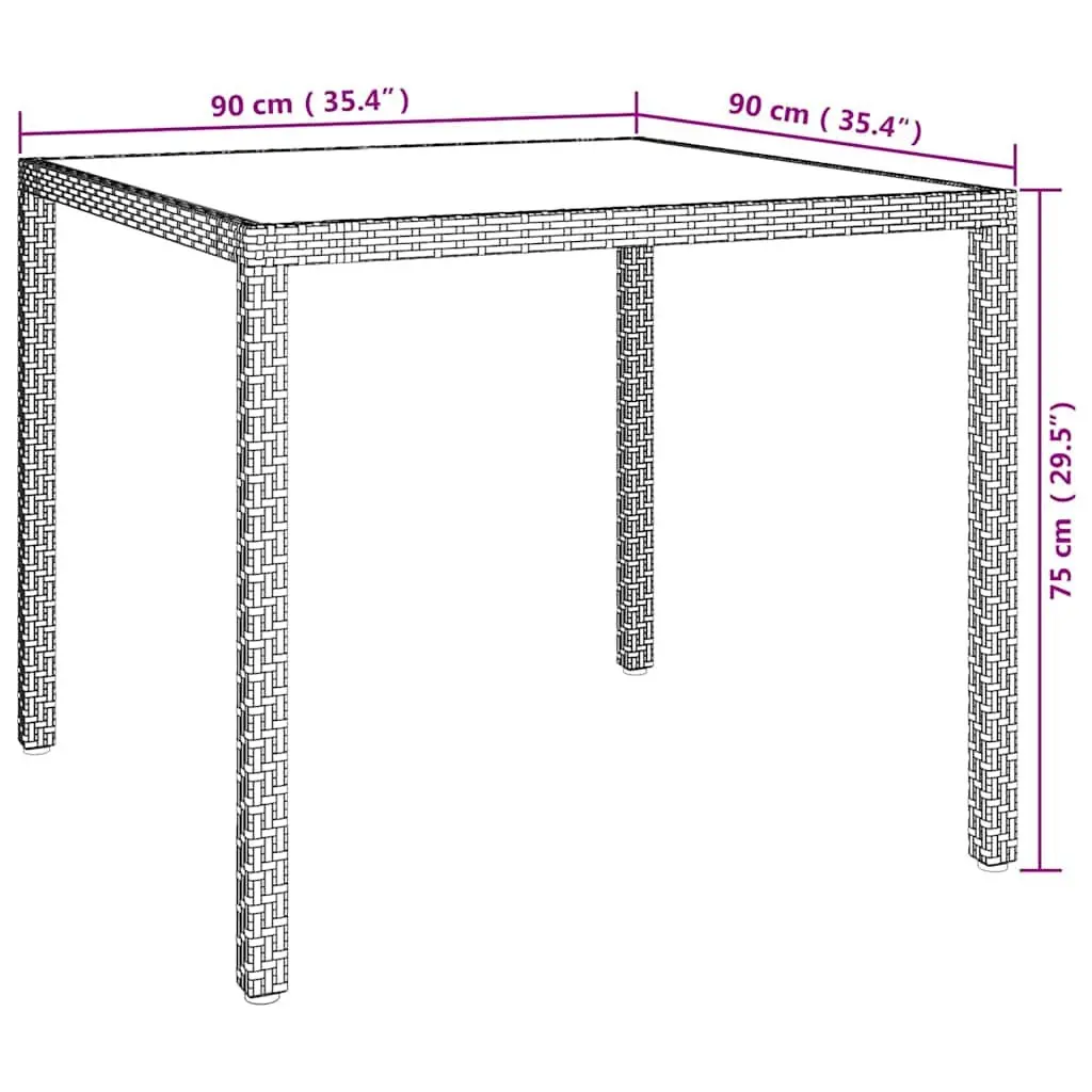 Garden Table 90x90x75cm Tempered Glass Top Poly Rattan Brown Outdoor Patio