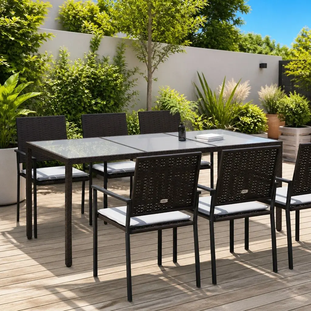 Garden Table Outdoor Use Brown 190 x 90 x 75 cm Poly Rattan Steel Frame Tempered Glass Top