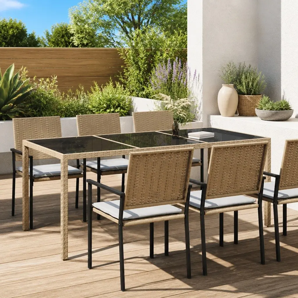 Garden Table Outdoor Patio Furniture Beige 190L x 90W x 75H cm Tempered Glass Poly Rattan