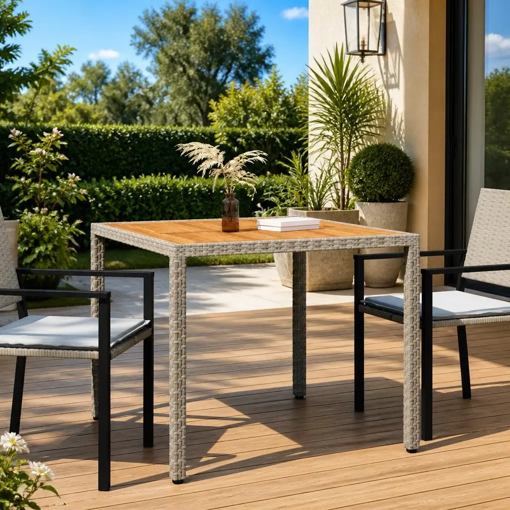 Garden Table Outdoor Patio Furniture 90x90x75cm Poly Rattan Acacia Wood Grey