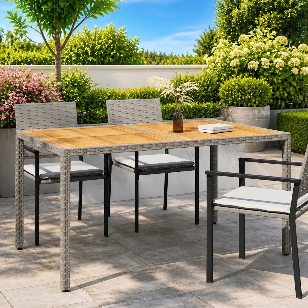 Garden Table 150x90x75cm Outdoor Patio Dining Poly Rattan Acacia Wood Grey