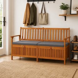Outdoor Storage Bench: 148cm Acacia Wood with Padded Grey Seat
