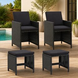 4-Piece Patio Seating Set - Black Rattan Chairs and Stools