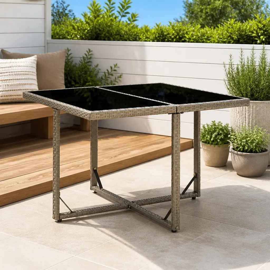 Garden Dining Table Outdoor 109x107x74cm Grey Rattan Glass Patio