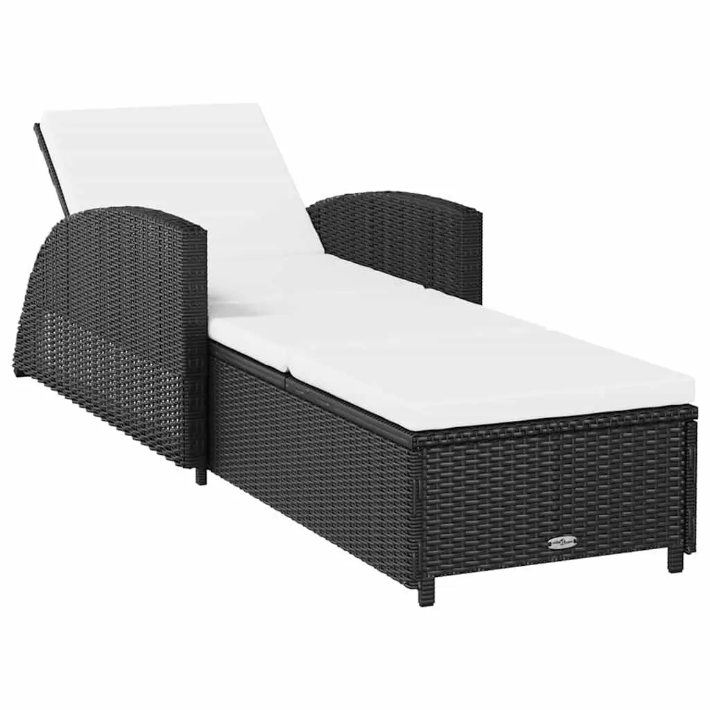 Sun Lounger Outdoor Patio Rattan Black with Adjustable Backrest Cream Cushion