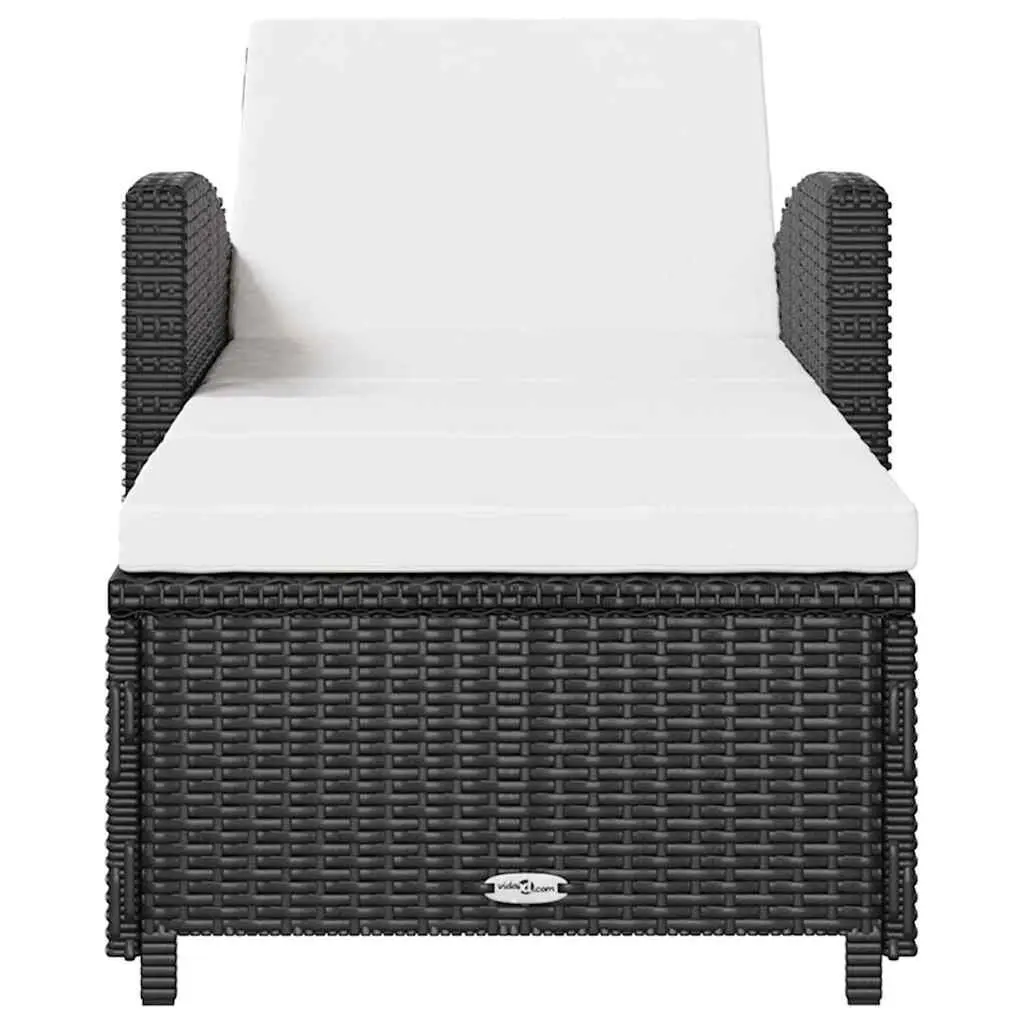 Sun Lounger Outdoor Patio Rattan Black with Adjustable Backrest Cream Cushion