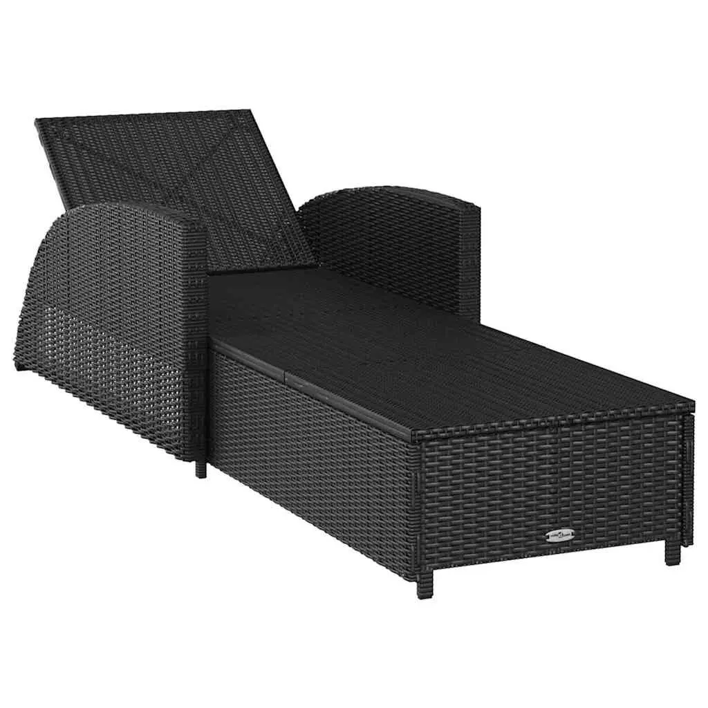 Sun Lounger Outdoor Patio Rattan Black with Adjustable Backrest Cream Cushion