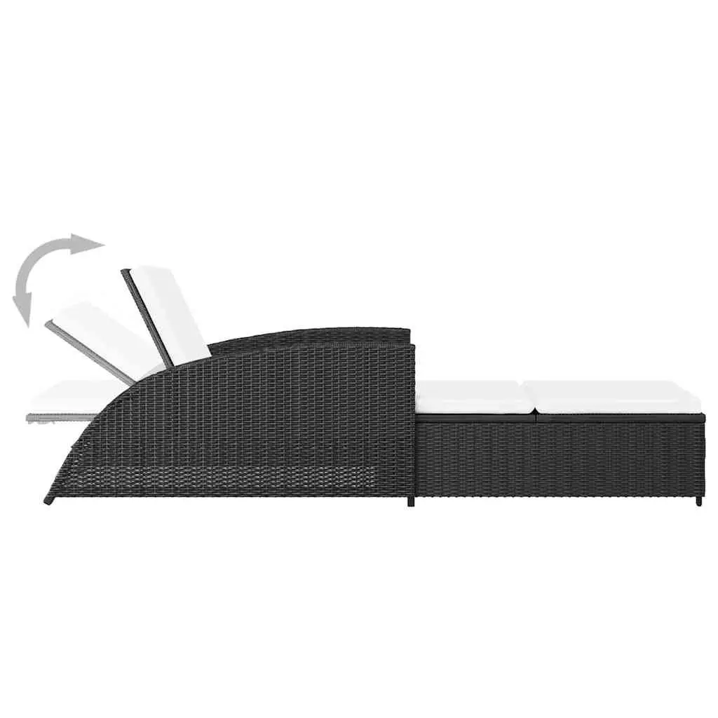 Sun Lounger Outdoor Patio Rattan Black with Adjustable Backrest Cream Cushion