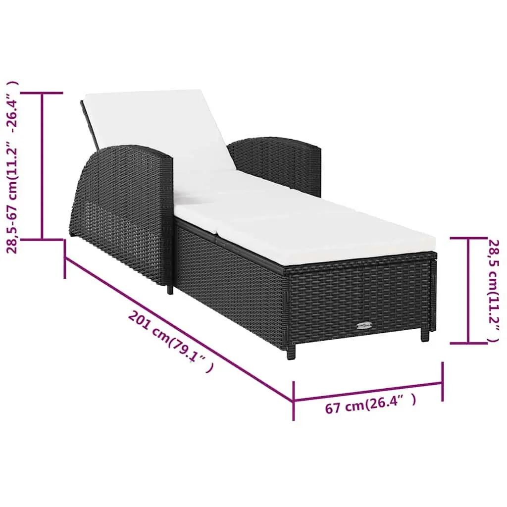 Sun Lounger Outdoor Patio Rattan Black with Adjustable Backrest Cream Cushion