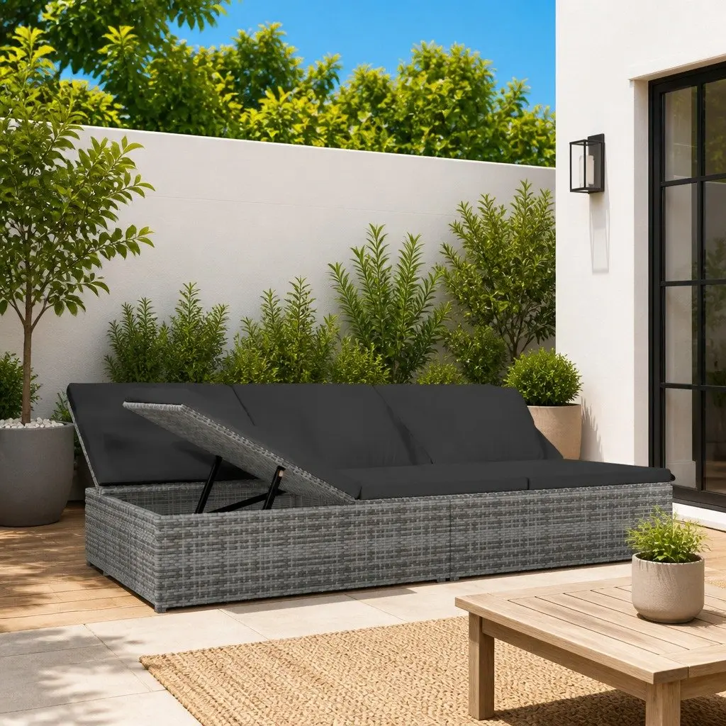 Convertible Sun Bed Sofa Outdoor Garden Lounger Poly Rattan Grey Cushions