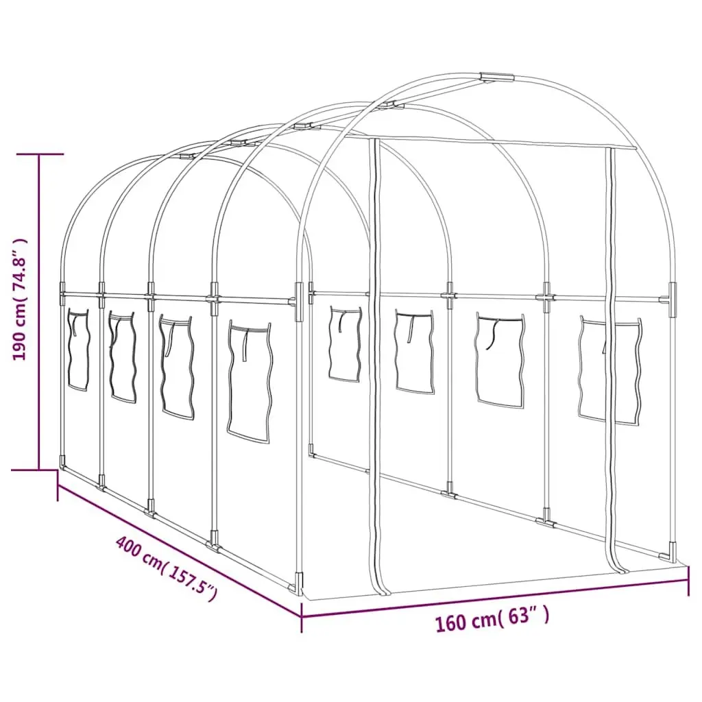 Greenhouse for garden 160x400x190cm transparent PVC cover with roll-up windows and steel frame
