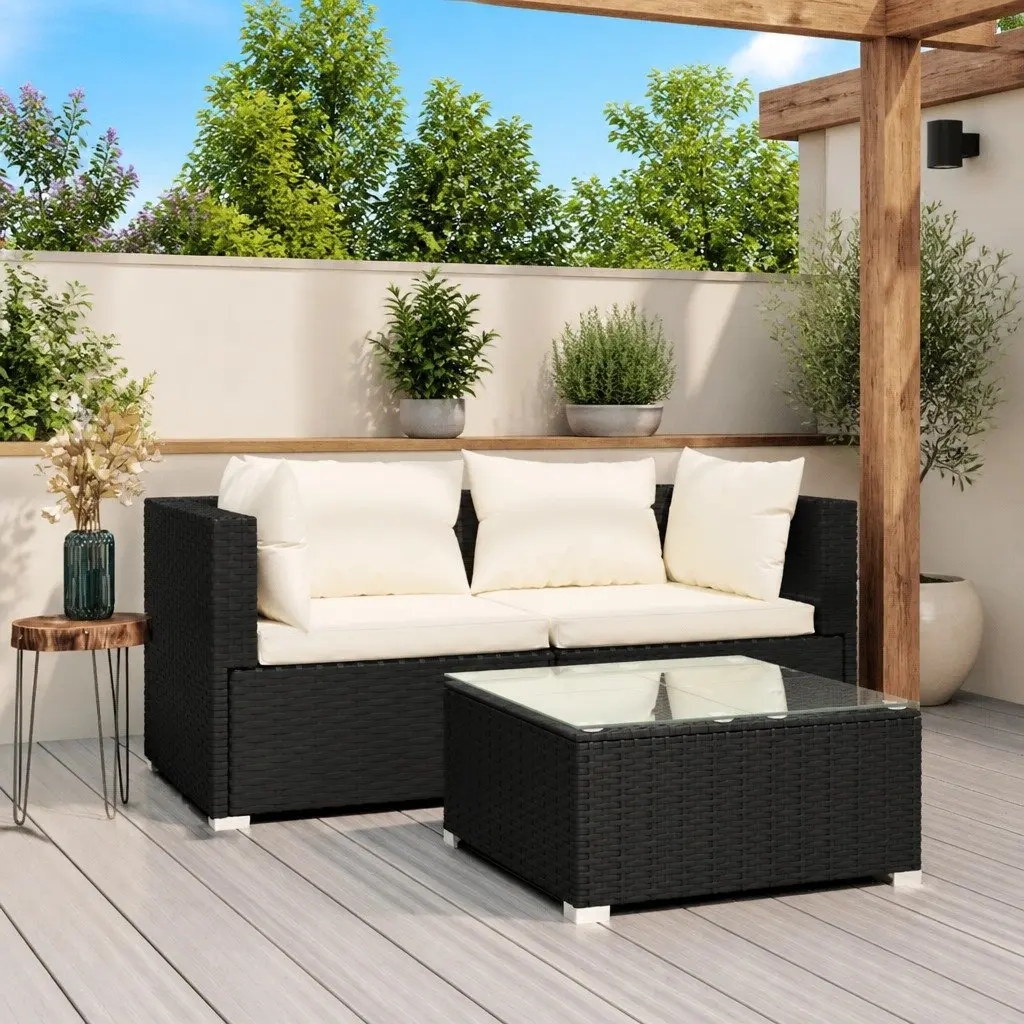 3 Piece Modular Lounge Set with Black Cushions and Rattan