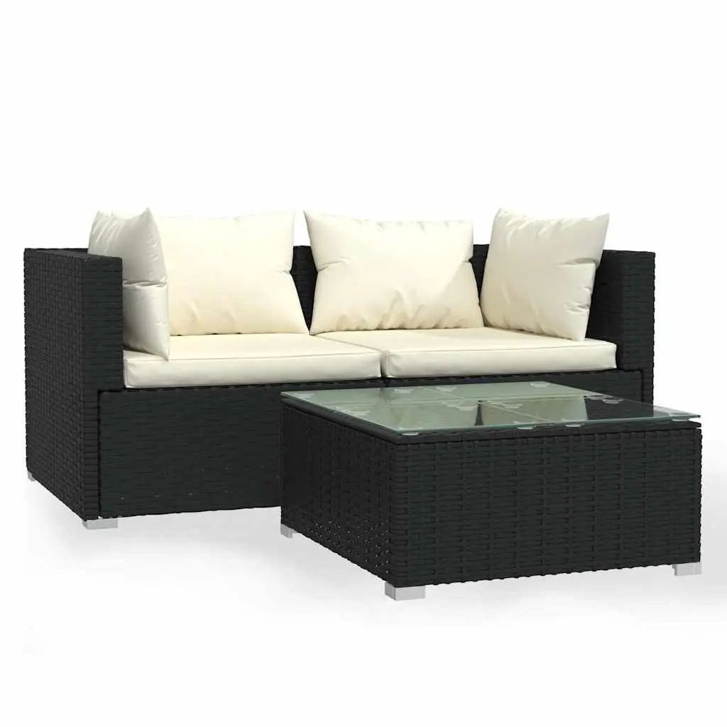 3 Piece Modular Lounge Set with Black Cushions and Rattan