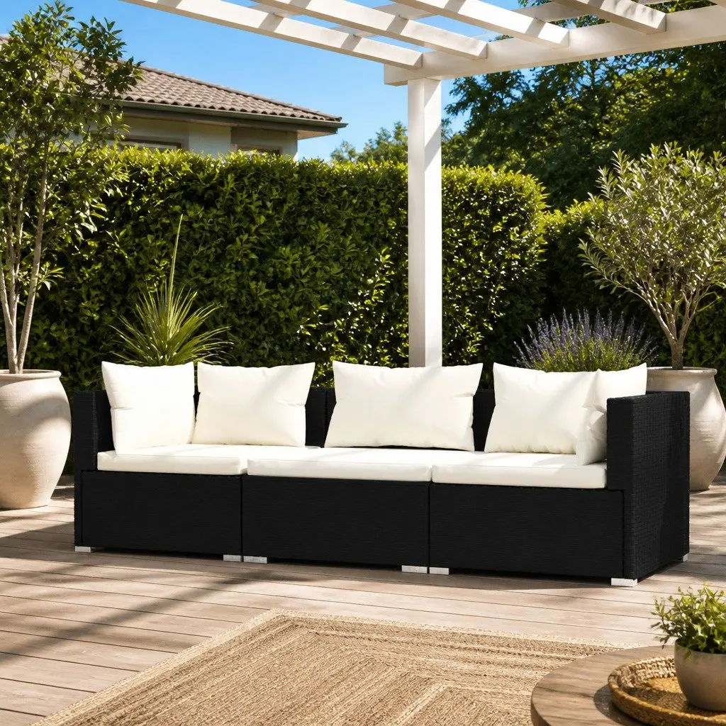 3-Seater Outdoor Sofa for Garden Patio Black Rattan with Cushions