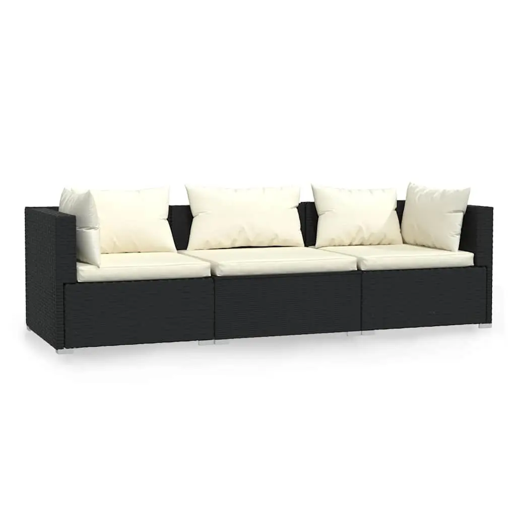 3-Seater Outdoor Sofa for Garden Patio Black Rattan with Cushions