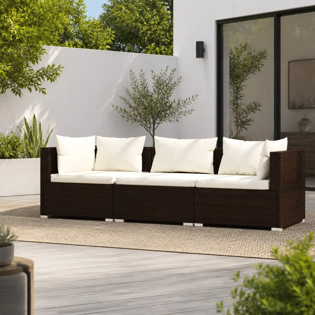 3-Seater Outdoor Sofa for Garden Patio Furniture Brown Rattan