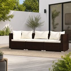 3-Seater Outdoor Sofa with Cushions Garden Patio Furniture Brown Rattan Seat