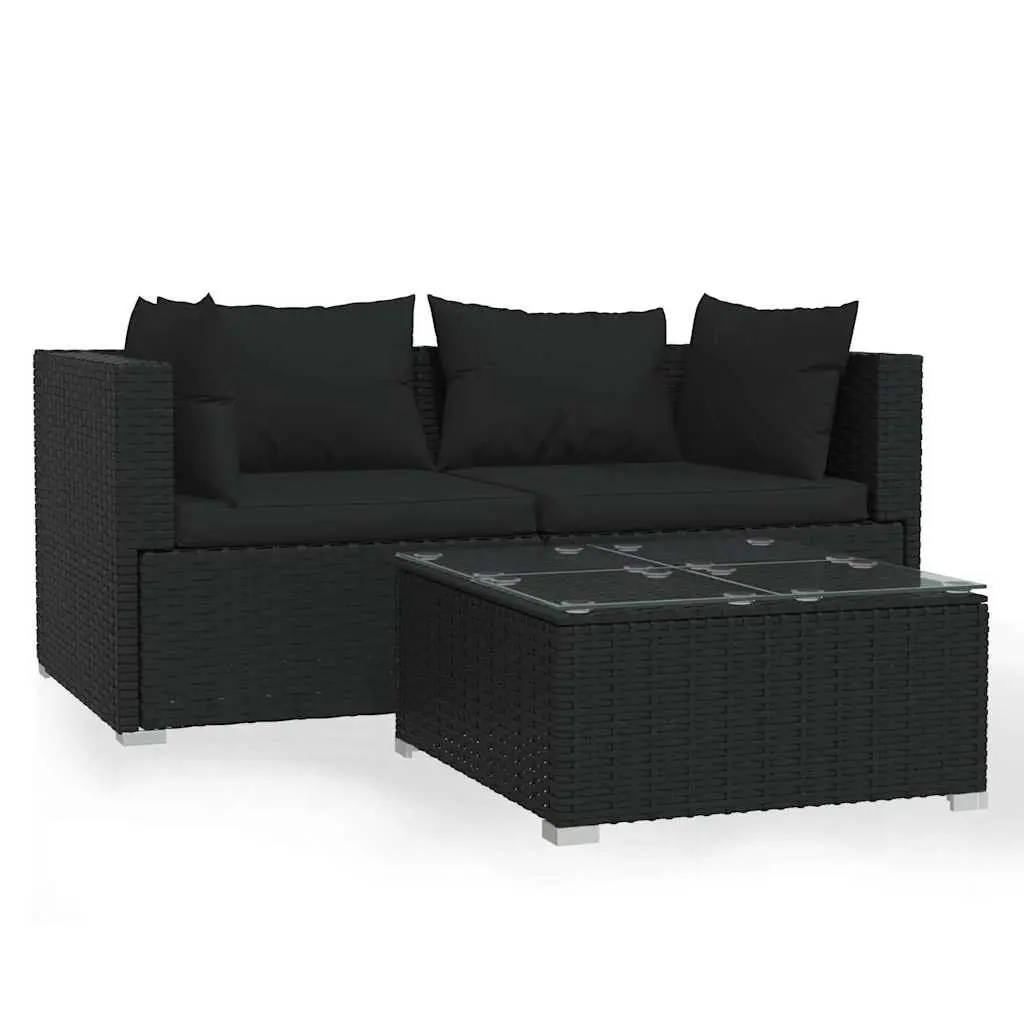 3 Piece Garden Lounge Set Outdoor Patio Furniture with Cushions Black Rattan
