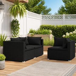 3 Piece Garden Lounge Set: Black PE Rattan, Steel Frame