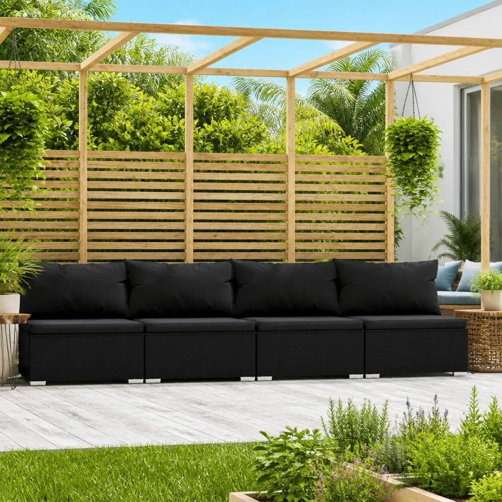 4-Seater Outdoor Sofa for Patio Garden Black Rattan with Cushions