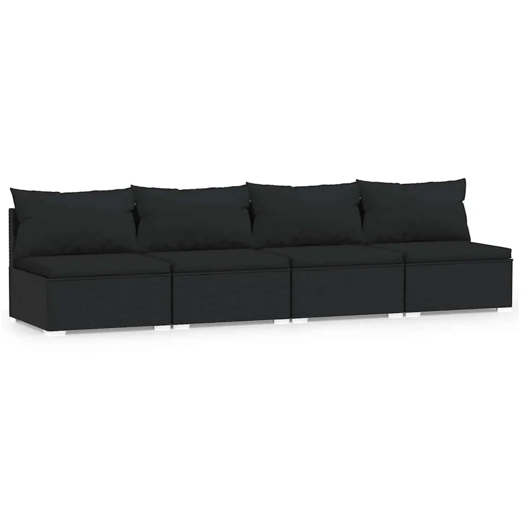 4-Seater Outdoor Sofa for Patio Garden Black Rattan with Cushions