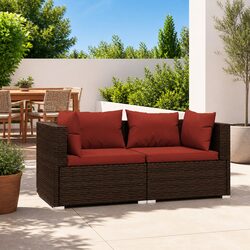 2-Seater Outdoor Sofa with Cushions Brown Rattan Garden Patio Furniture Set
